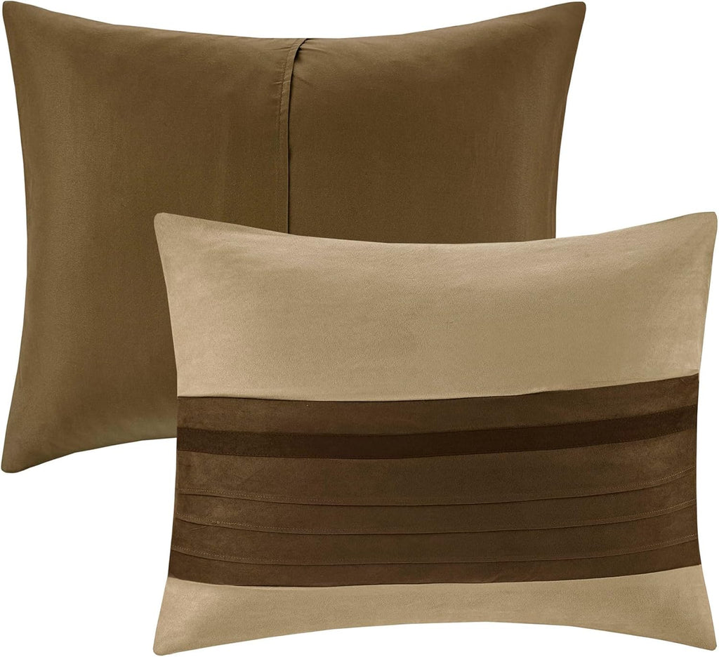 - Palmer 7 Piece Comforter Set - Natural - Queen - Pieced Microsuede - Includes 1 Comforter, 3 Decorative Pillows, 1 Bed Skirt, 2 Shams
