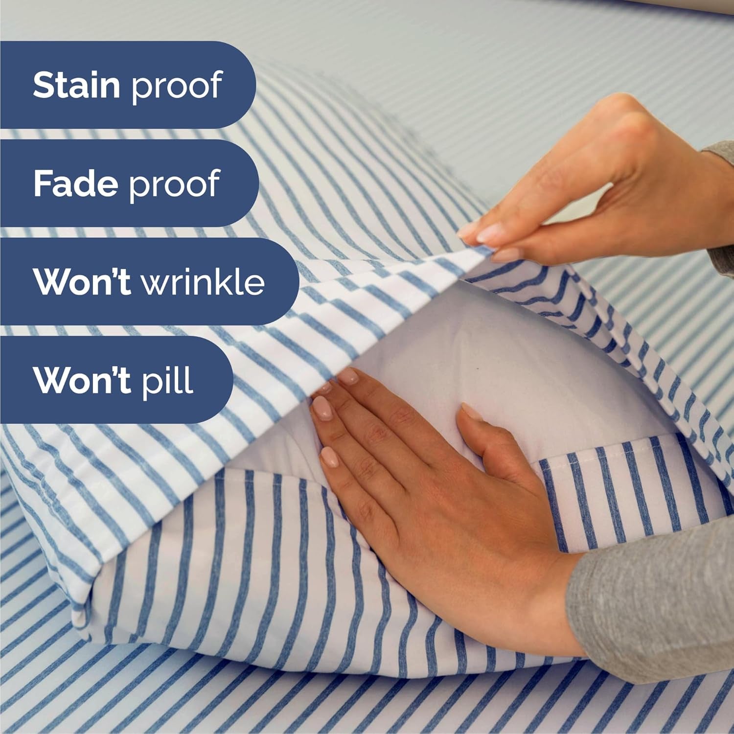 Striped Bed Sheets - Pin Striped Sheets - Blue and White Sheets - White and Blue Striped Sheets - Cal King Striped Sheets - Hotel Luxury Bed Sheets - Deep Pockets - Breathable & Cooling Sheets