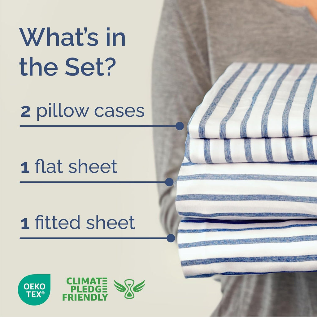 Striped Bed Sheets - Pin Striped Sheets - Blue and White Sheets - White and Blue Striped Sheets - Cal King Striped Sheets - Hotel Luxury Bed Sheets - Deep Pockets - Breathable & Cooling Sheets