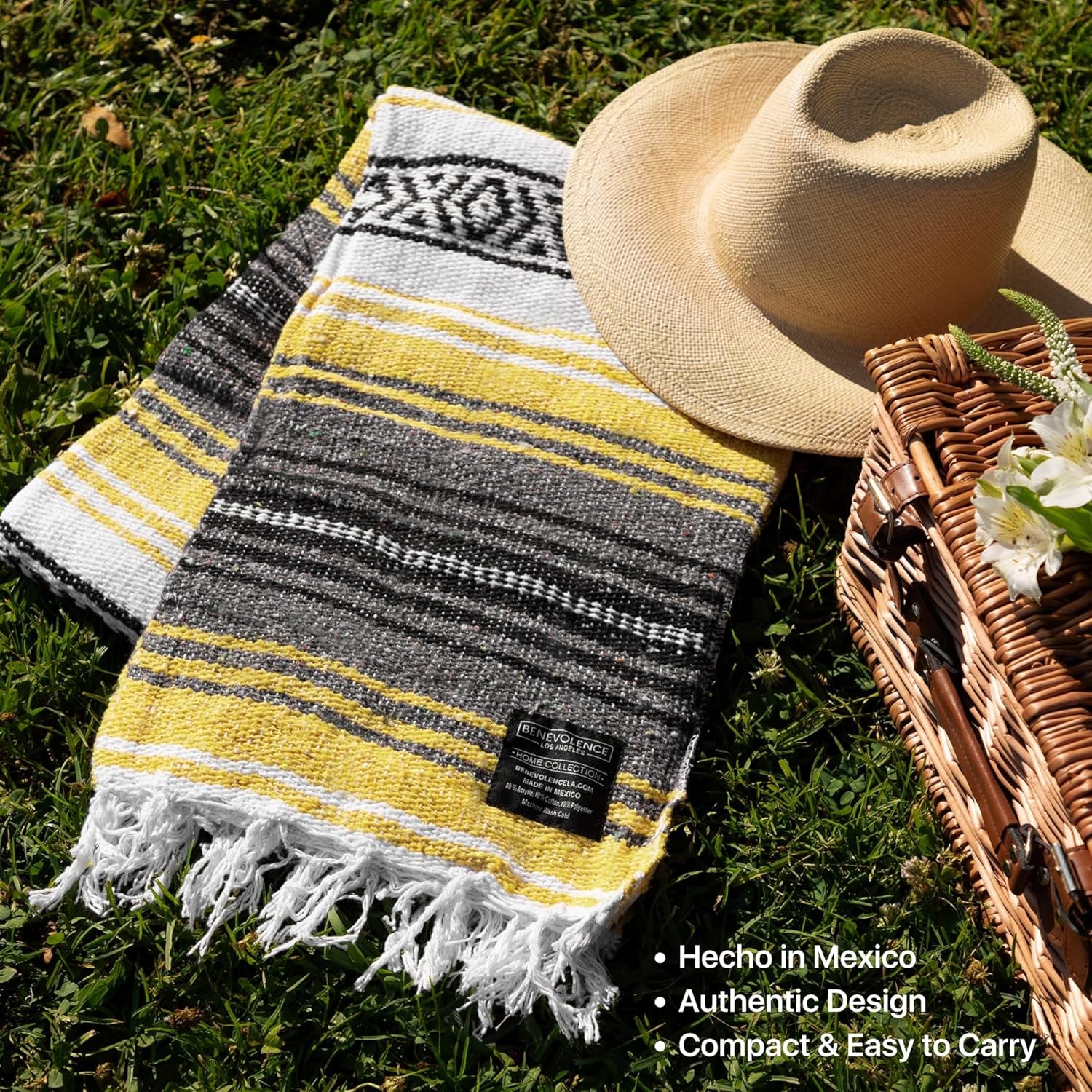 Authentic Handwoven Mexican Blanket | Yoga Blankets, Outdoor, Picnic, Beach, Camping | Equestrian Saddle | Serape 50X70 Inches - Sunshine, Pack of 1