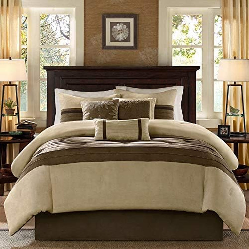 - Palmer 7 Piece Comforter Set - Natural - Queen - Pieced Microsuede - Includes 1 Comforter, 3 Decorative Pillows, 1 Bed Skirt, 2 Shams