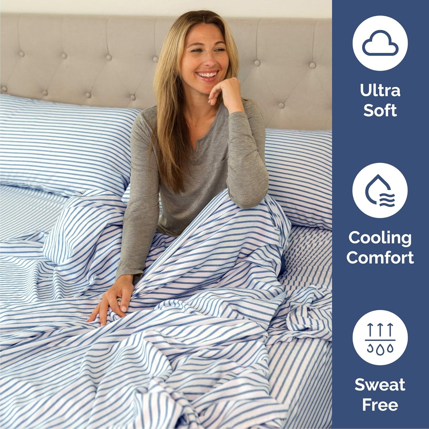 Striped Bed Sheets - Pin Striped Sheets - Blue and White Sheets - White and Blue Striped Sheets - Cal King Striped Sheets - Hotel Luxury Bed Sheets - Deep Pockets - Breathable & Cooling Sheets